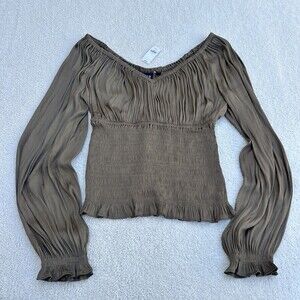 Gap Smocked Off-Shoulder Top Balloon Sleeve Olive Peasant Blouse - M